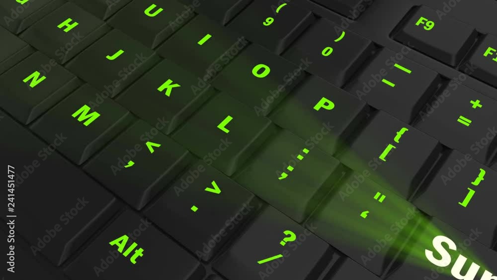 pointing the camera on green glowing Support key on black computer keyboard pointing the camera on green glowing Support key on black computer keyboard