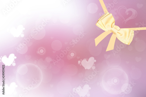 Abstract valentine background. Abtract festive blur bright pink background with golden ribbon and bow for valentine or wedding. Romantic textured backdrop with space for your design. Card concept.