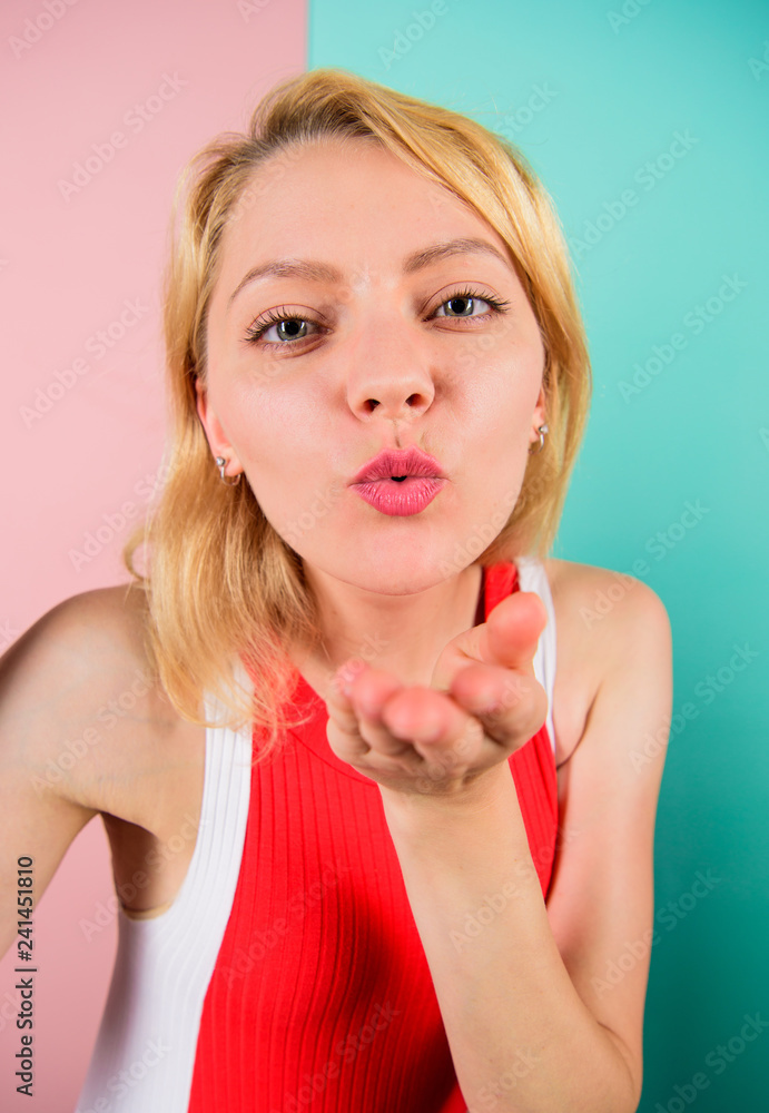 Pretty woman sends an air kiss. Romance and love concept. Lips care and beauty treatment. Girl send kiss to you close up. I love you. Valentines day and love. Show your feelings. Sensual kiss Pretty woman sends an air kiss. Romance and love concept. Lips care and beauty treatment. Girl send kiss to you close up. I love you. Valentines day and love. Show your feelings. Sensual kiss