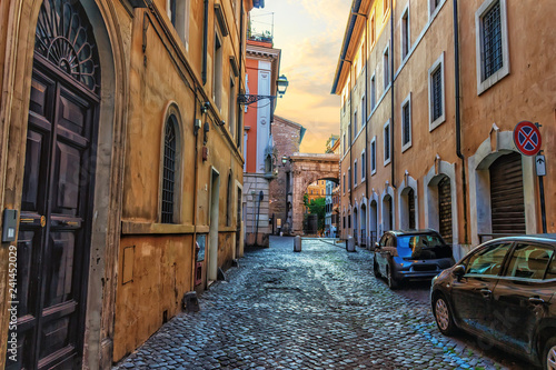 Traditional Rome street in the centre  stone pavement and ancien