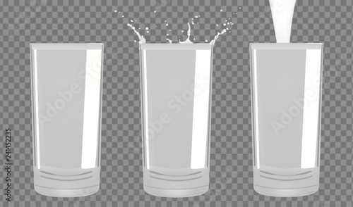 Set of realistic glasses with milk on a transparent background.