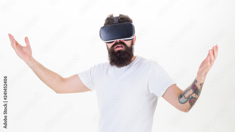 Hipster exploring virtual reality. Virtual presentation. Man bearded hipster VR glasses white background. Interactive surface virtual reality. Guy with head mounted display interact virtual reality Hipster exploring virtual reality. Virtual presentation. Man bearded hipster VR glasses white background. Interactive surface virtual reality. Guy with head mounted display interact virtual reality