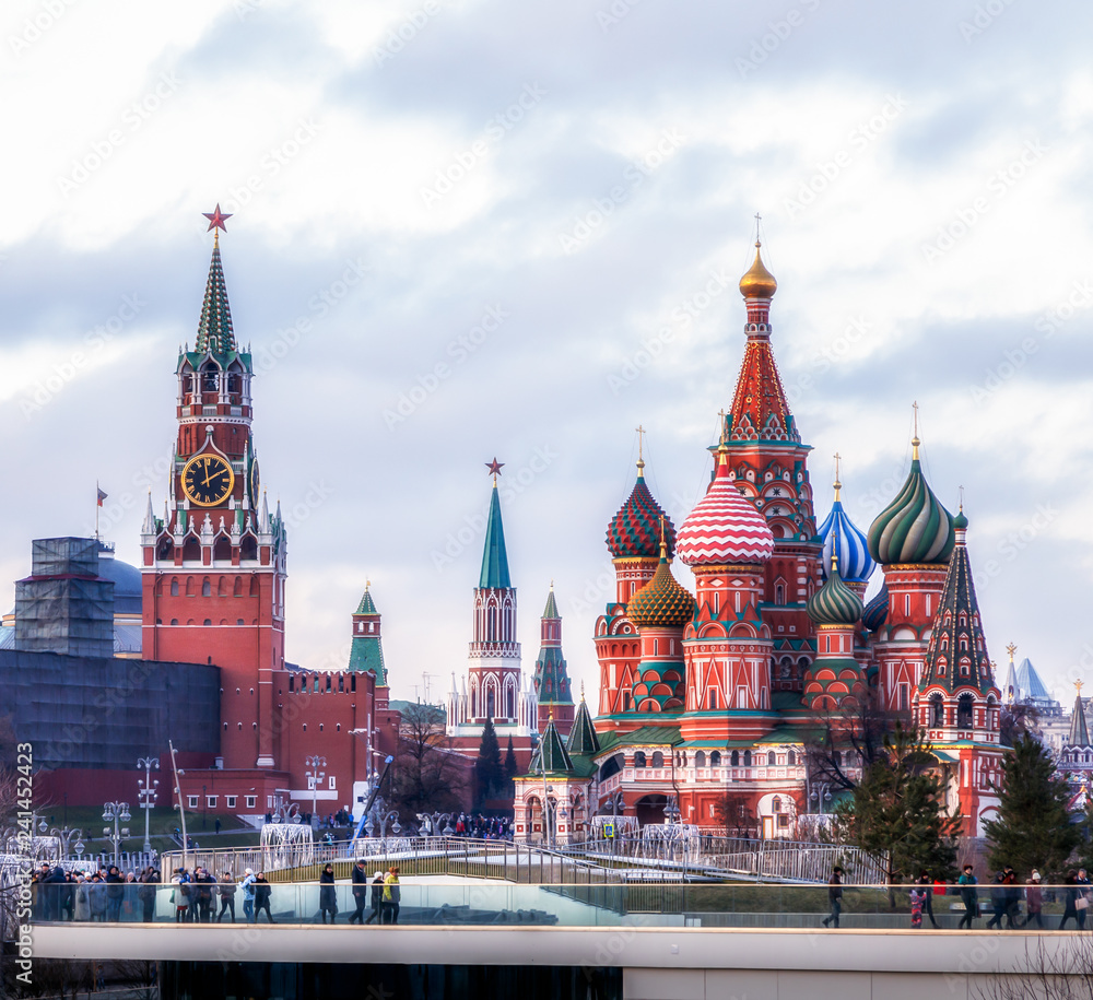 View to Kremlin and St.Basil's cathedral from Zaryadye park, Moscow, Russia. View to Kremlin and St.Basil's cathedral from Zaryadye park, Moscow, Russia.