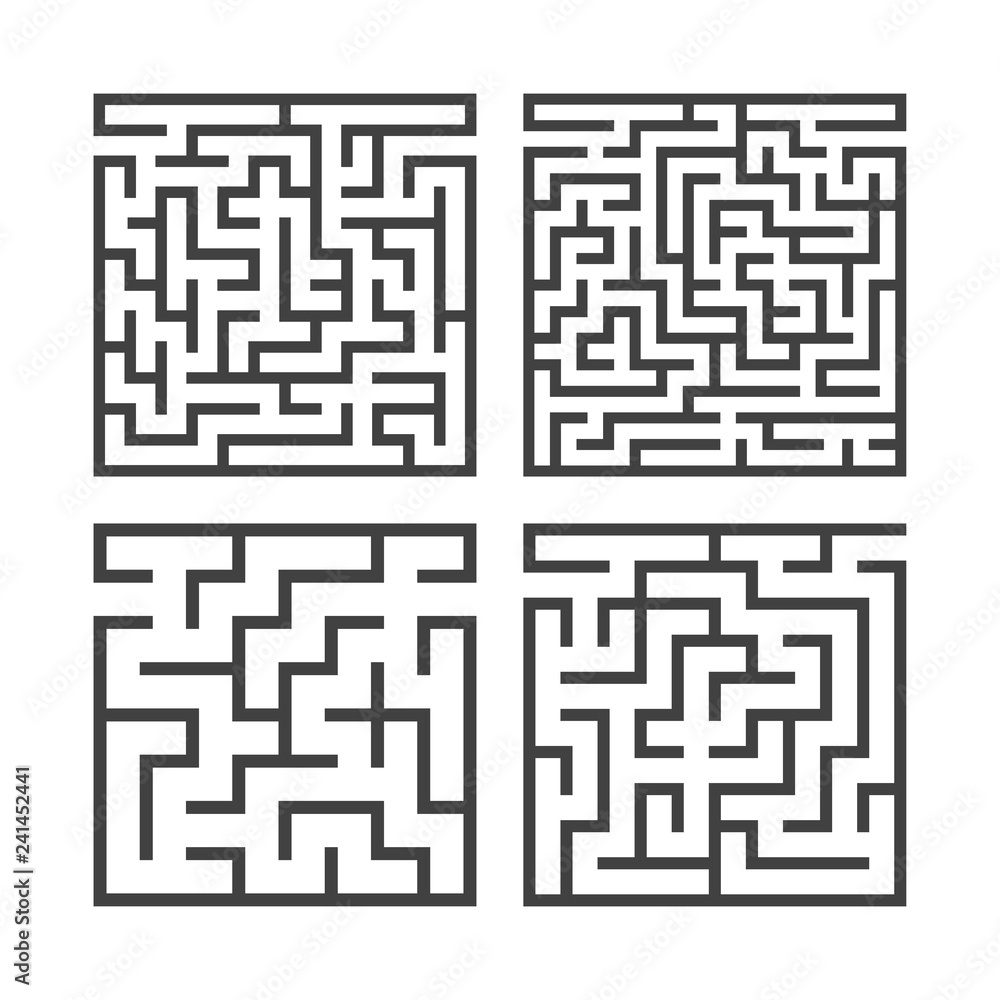 A set of square mazes of various levels of difficulty. Game for kids. Puzzle for children. One entrances, one exit. Labyrinth conundrum. Flat vector illustration isolated on white background.