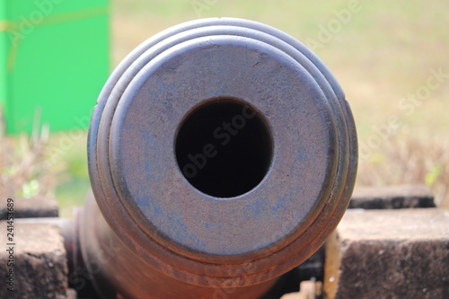 Old cannon tope for war front view at fort in India - Image