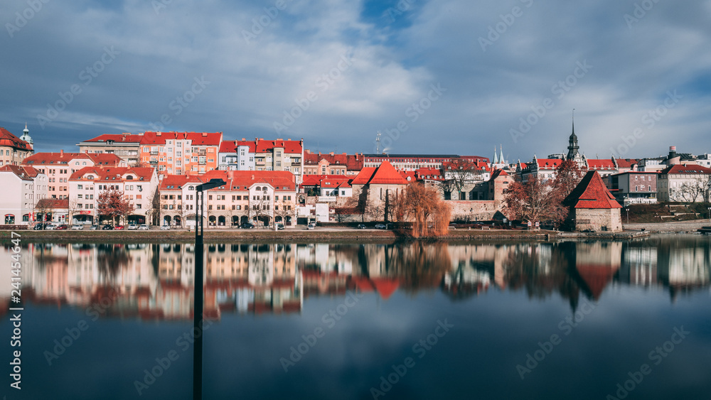 Reflection of building in the lent district on the river Drava in Maribor, Slovenia