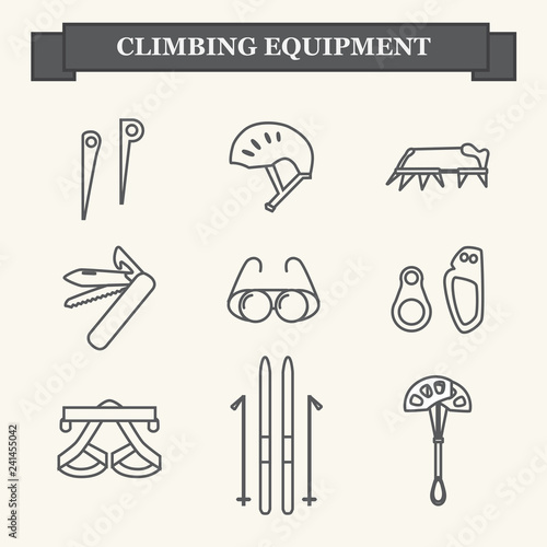 Set line icons of mountaineering equipments. Collection vector icons for climbing, trekking, hiking, tourism, expedition, extreme, camping, outdoor recreation and vacation in mountains.