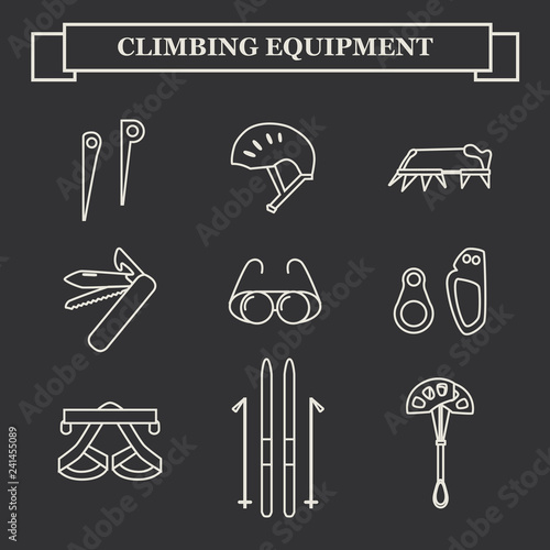 Set line icons of mountaineering equipments. Collection vector icons for climbing, trekking, hiking, tourism, expedition, extreme, camping, outdoor recreation and vacation in mountains.