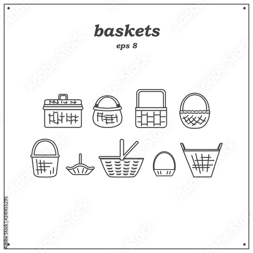 Collection of various baskets. Wicker empty baskets. Linear style
