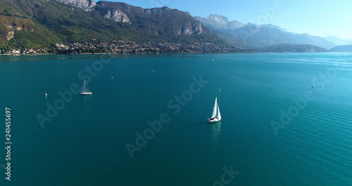 sailboat on Lake Annecy in aerial view, France