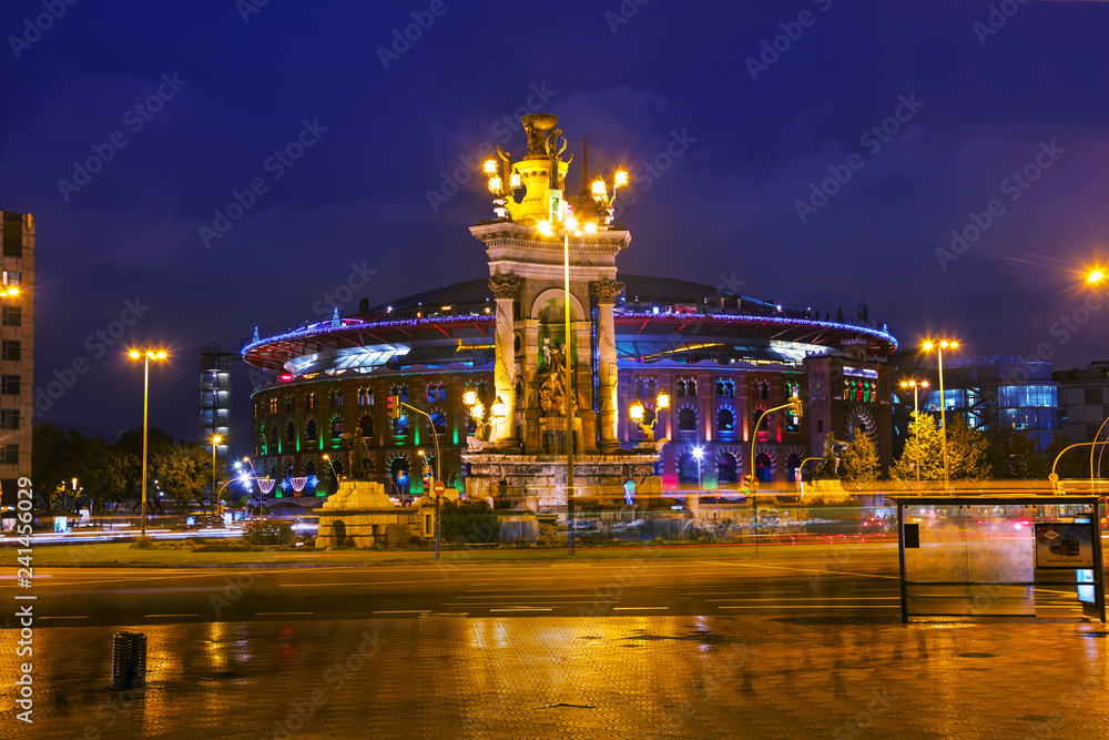 Plaza Espanya at night in Barcelona, Spain