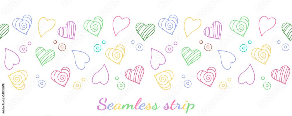 Seamless strip. Border from different hearts and bubbles. In isolation. Color pattern Seamless strip. Border from different hearts and bubbles. In isolation. Color pattern