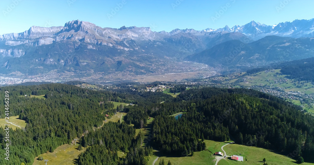 Mountain range of the Alps, with the peak of Mont Blanc, aerial view France