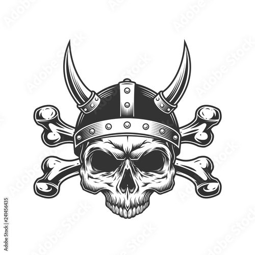 Vintage viking skull in horned helmet
