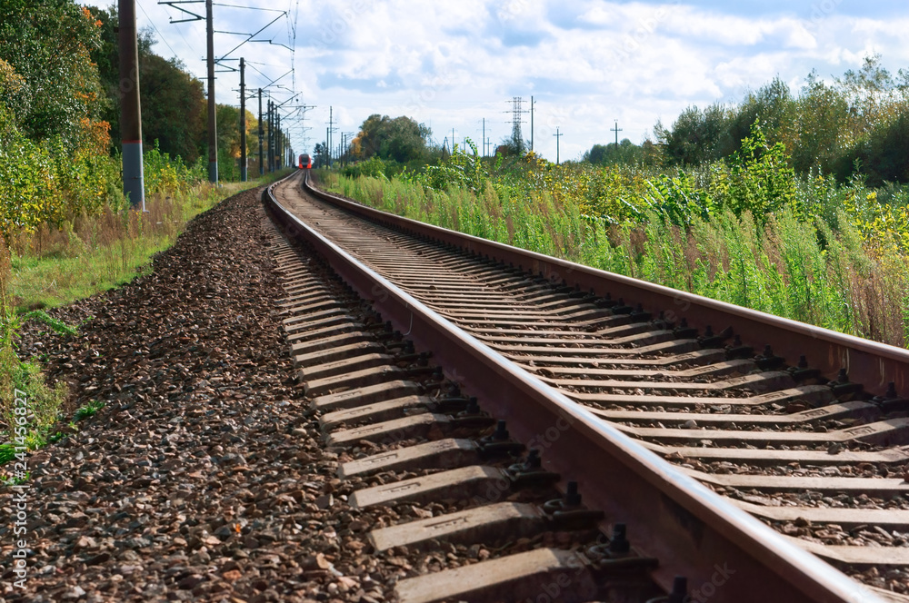 Rails stretching into the distance. Turn at the railroad. Rails stretching into the distance. Turn at the railroad.