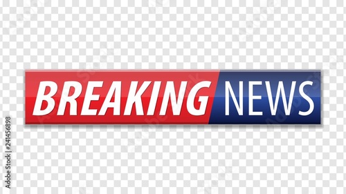 Breaking news. Red blue banner with white text isolated on transparent background. Vector illustration.