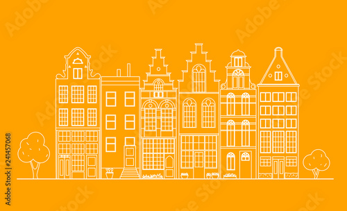 Old linear building in Holland on bright  background