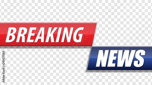 Breaking news. Red blue banner with white text isolated on transparent background. Vector illustration.