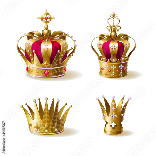 Royal golden crowns decorated with precious rubies and pearls 3d realistic vector icons set isolated on white background. King, queen, prince and princes headwear, monarchy power symbol illustration
