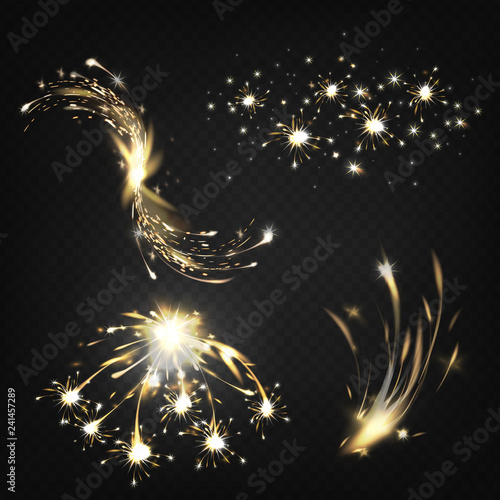 Sparkles or burning particles fly off from fired sparkler realistic vector set illustration isolated on transparent background. Holiday party decorative design elements. Fireworks and pyrotechnic show