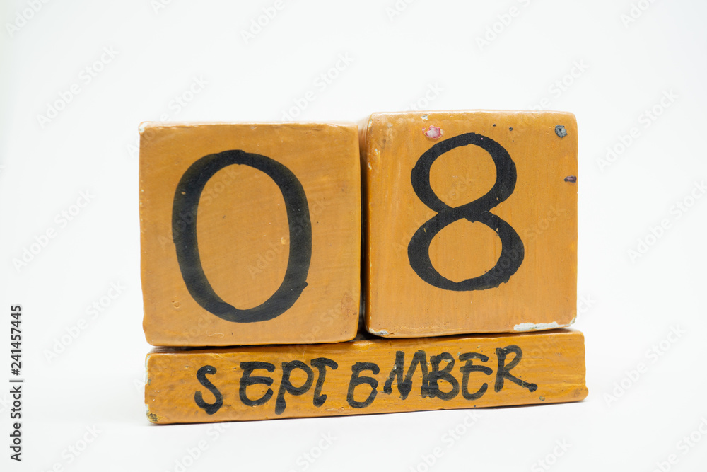 september 8th. Day 8 of month, handmade wood calendar isolated on white background. autumn month, day of the year concept september 8th. Day 8 of month, handmade wood calendar isolated on white background. autumn month, day of the year concept
