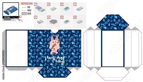 paper box template. new year pig on blue.stock image vector