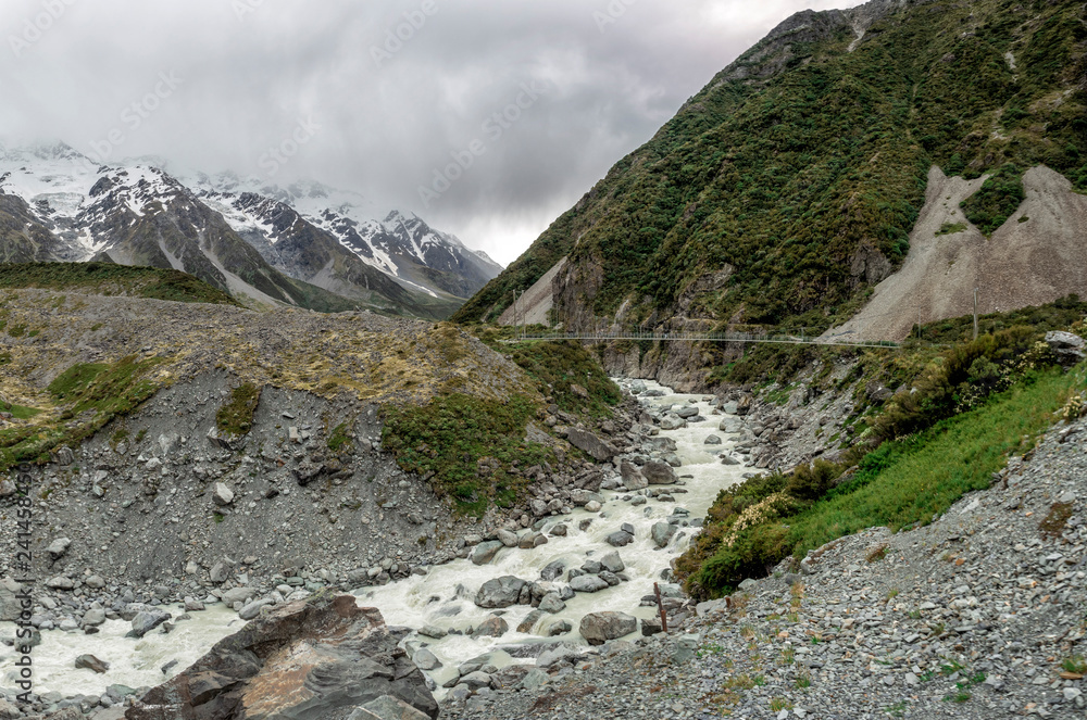 Suspension Bridge, Hooker Valley Track at Mount Cook, Aoraki, New Zealand, NZ Suspension Bridge, Hooker Valley Track at Mount Cook, Aoraki, New Zealand, NZ
