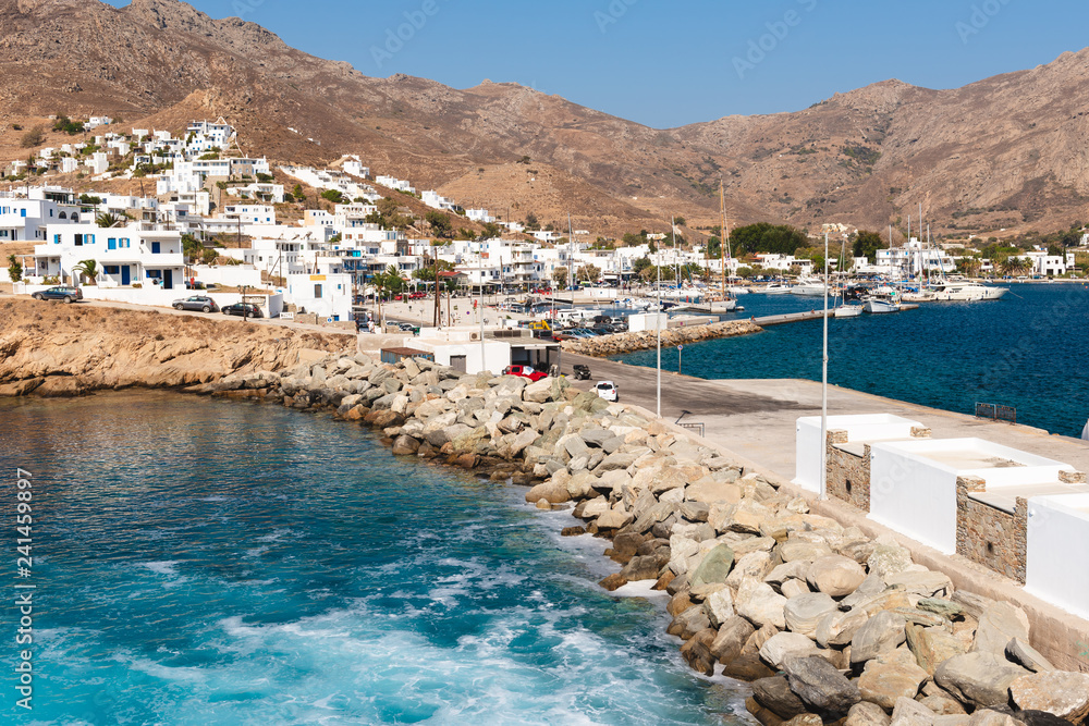 View of port and Livadi town in Serifos island. Cyclades group in the Aegean Sea. Greece.