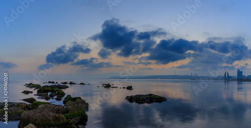 Panorama of Baku Seaside Boulevard at sunset