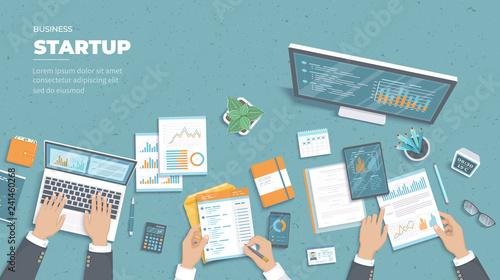 Businessman team discuss project startup, investment, financial planning, agreement, analysis data, realization, success. Documents, notes, business guide, calculations Top view of people hands Vector