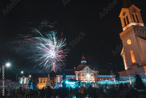 beautiful fireworks on a large open square