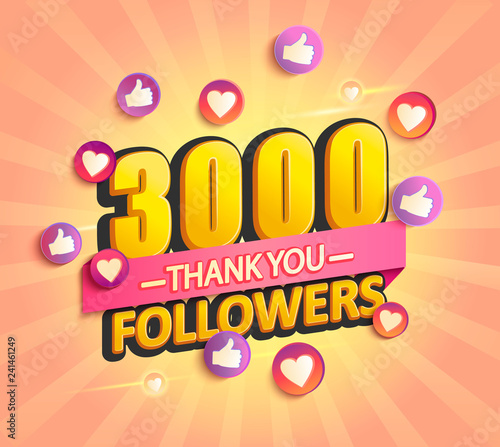 Thanks for the first 3000 followers banner.Thank you followers congratulation card. Vector illustration for Social Networks. Web user or blogger celebrates and tweets a large number of subscribers.