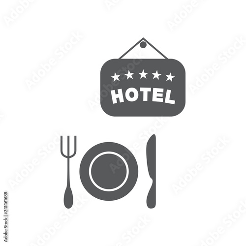 Vector illustration plate hotel, plate, fork and knife. Set of vector symbols. All inclusive. Food at restaurant at hotel. Flat design Monohrome