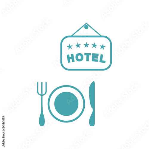 Vector illustration plate hotel, plate, fork and knife. Set of vector symbols. All inclusive. Food at restaurant at hotel. Flat design 