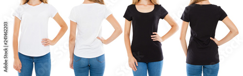 cropped image front and back views teen woman in white and black t-shirt isolated, set girl in tshirt,two women