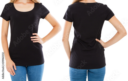 cropped portrait fron back views woman,girl in black t-shirt isolated on white background,tshirt collage