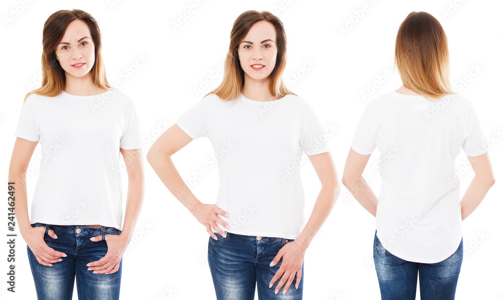 two woman in t-shirt front views, back view of girl in tshirt isolated