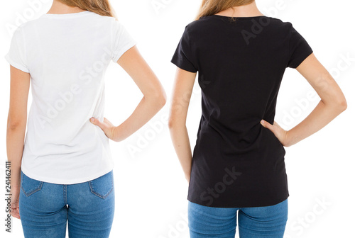 cropped image back views woman in white and black t-shirt isolated, set t shirt