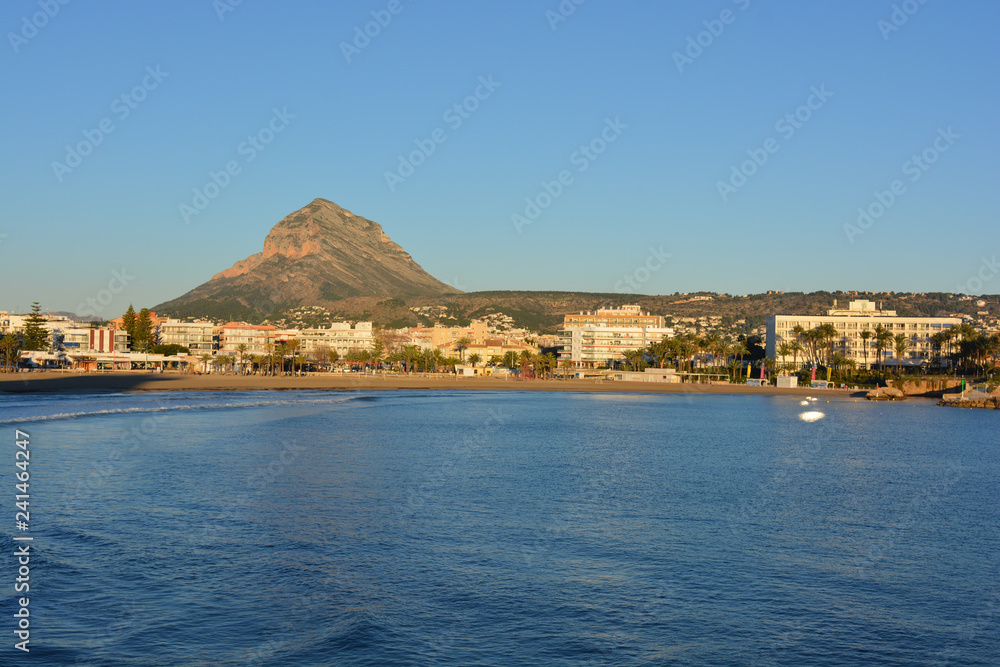 view of the Arenal beach and Montgo mountain in Javea on the Costa Blanca, Spain