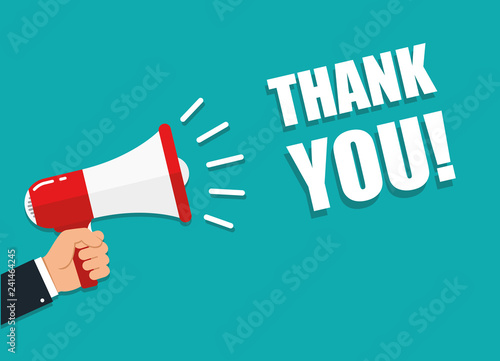 Thank you banner. Hand hold megaphone. Flat style. Vector illustration