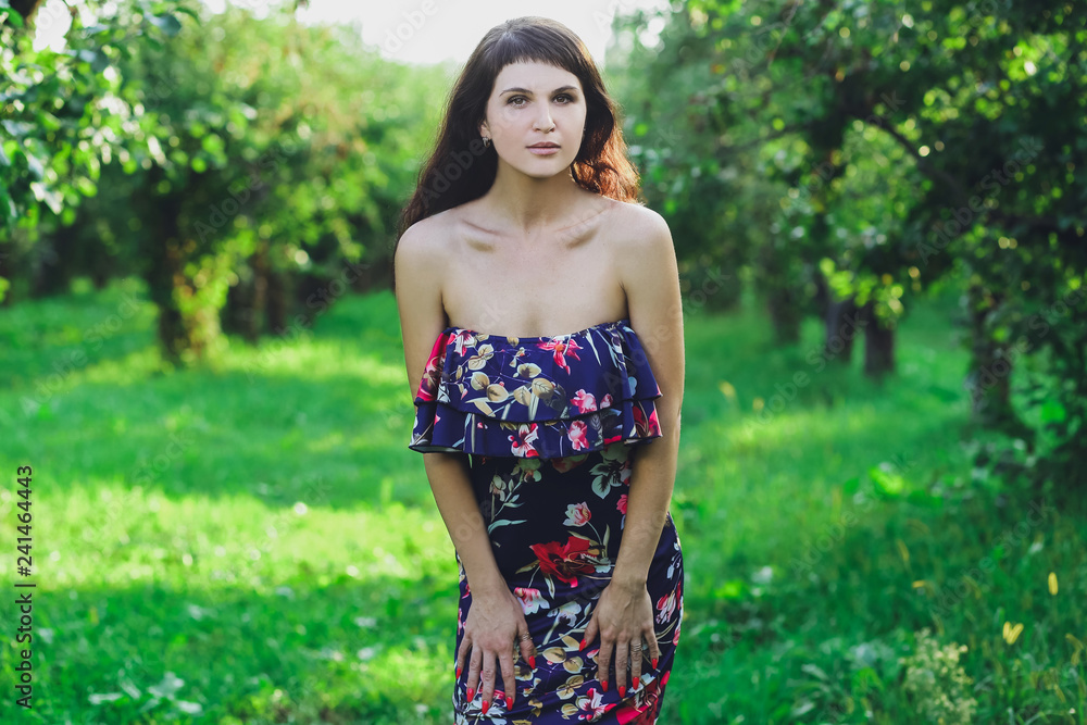 Young beautiful brunette girl in a blue dress in the summer park on the background of green grass Young beautiful brunette girl in a blue dress in the summer park on the background of green grass