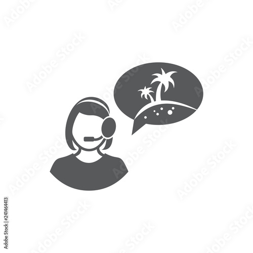 Vector illustration of the girl of the operator, palm trees in the sign of the message. Set of vector symbols. The tour operator in online tells about advantages of a tour along the specified route. 