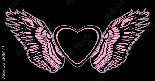 Angel wings with heart on black background. Sign for design