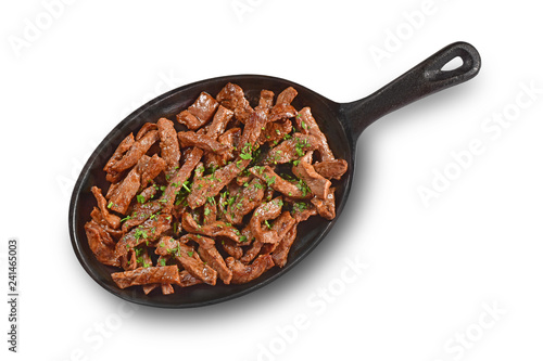 Meat Fajitas pan on white background