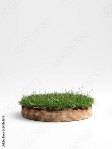 3D Illustration round soil ground cross section with earth land and green grass
