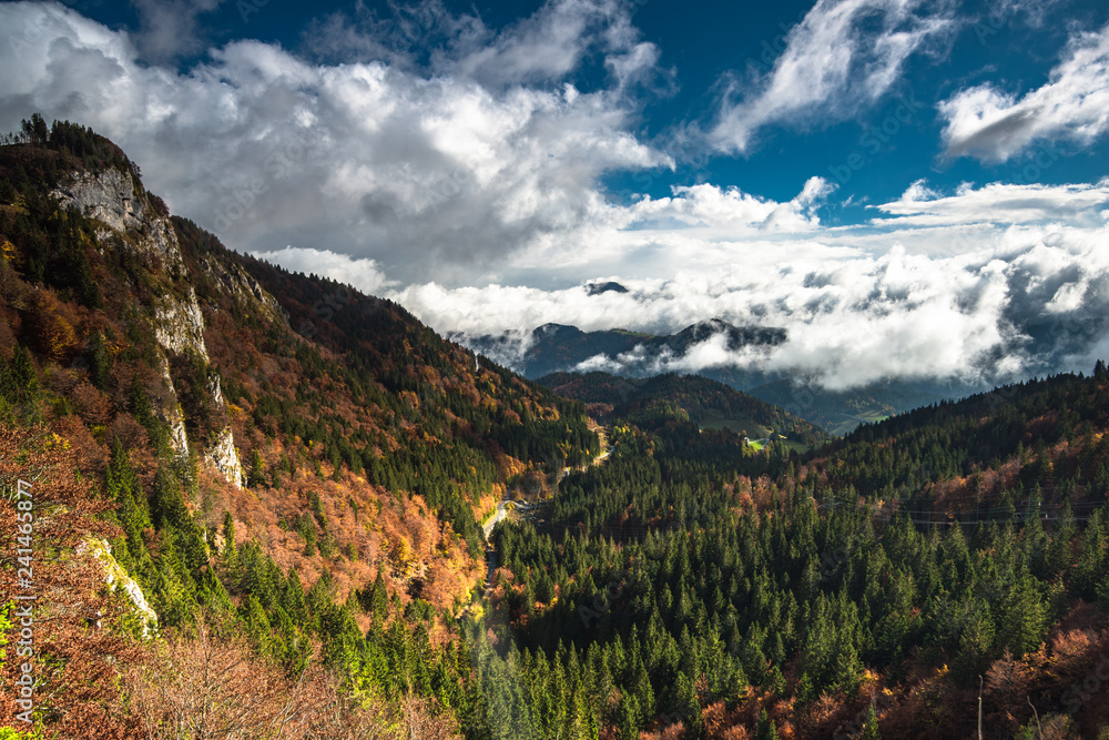 Dramatic sky over valley in Slovenia Alps