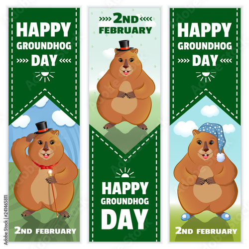 Happy Groundhog Day is a spring holiday. February 2nd. Set of vertical banners. Marmot with a cane  in a bowler hat  in a nightcap and slippers. Vector graphics.