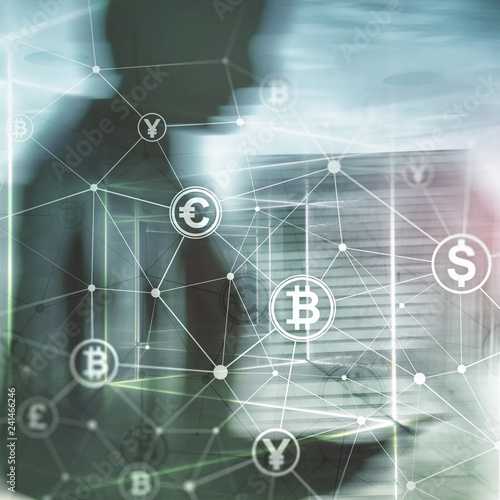 Double exposure Bitcoin and blockchain concept. Digital economy and currency trading.