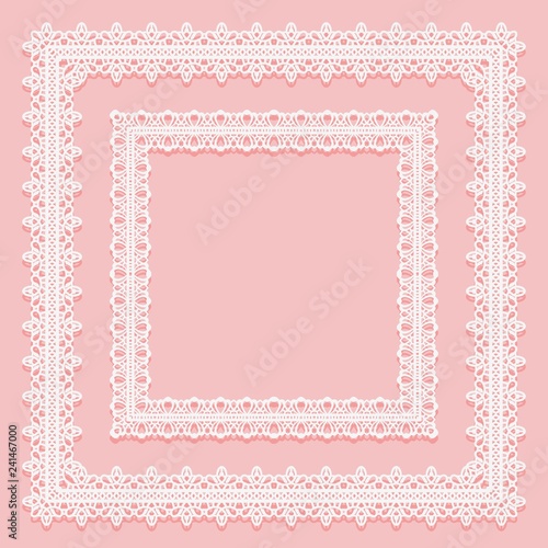 Set of square lace frames. White on pink background.