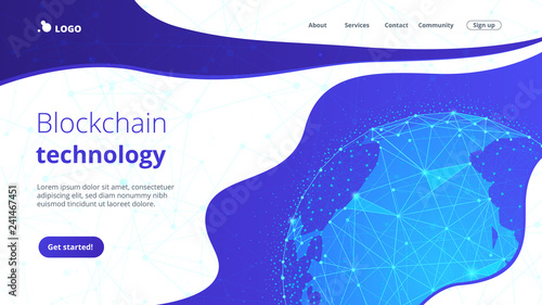 Blockchain technology futuristic landing page hero image with world globe and blockchain polygon peer to peer network. Global cryptocurrency fintech business banner concept. Low poly vector design.